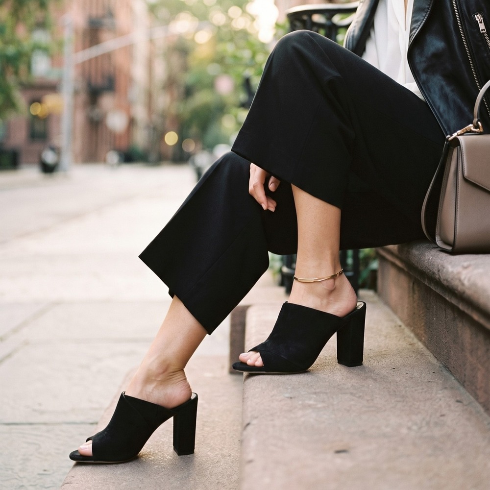 Vince Heath Black Suede Leather Block Heel Mule Sandal Slide NIB 8 8.5 9 9.5